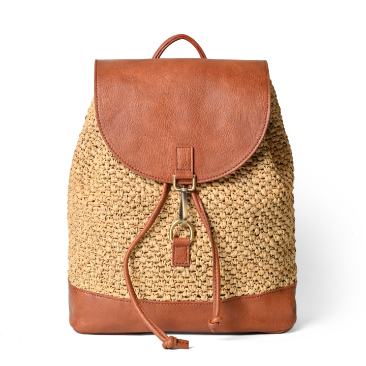 brown vegan leather backpack Women Handcrafted Raffia Backpack with Vegan Leather Accents