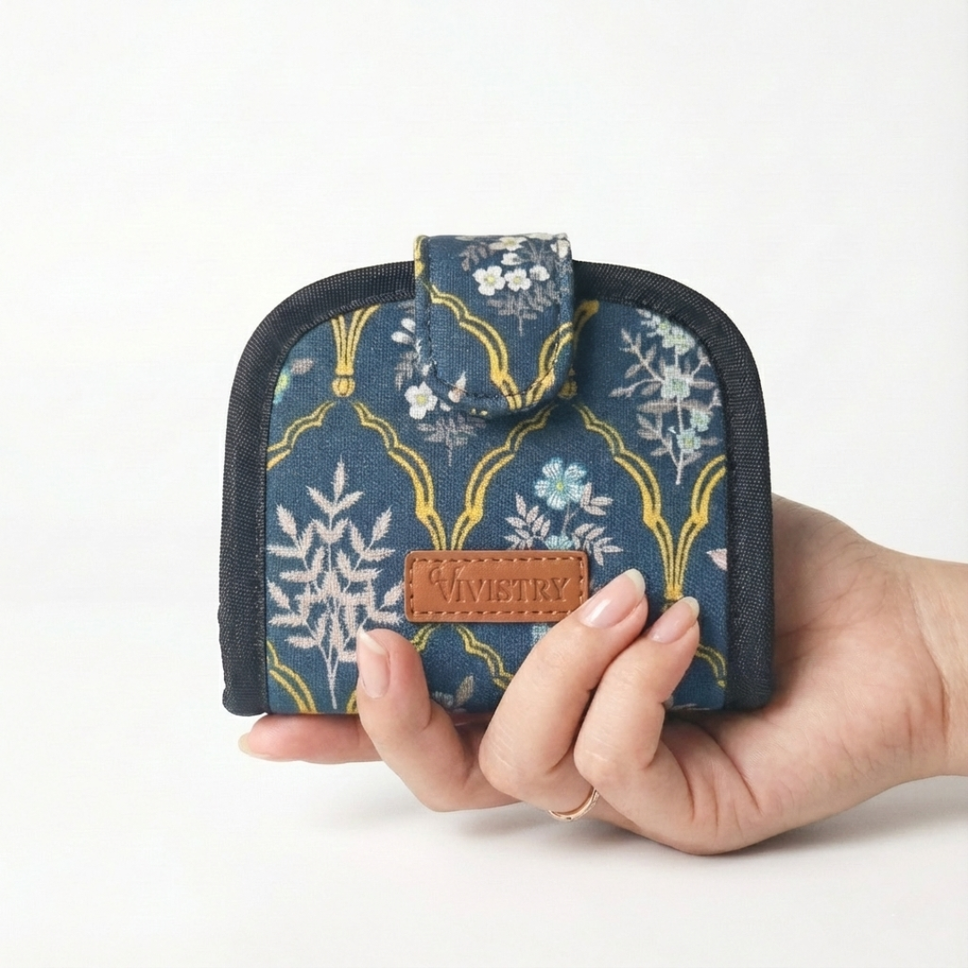 Women Handmade Canvas Compact Foldable Wallet - Blue Trellis