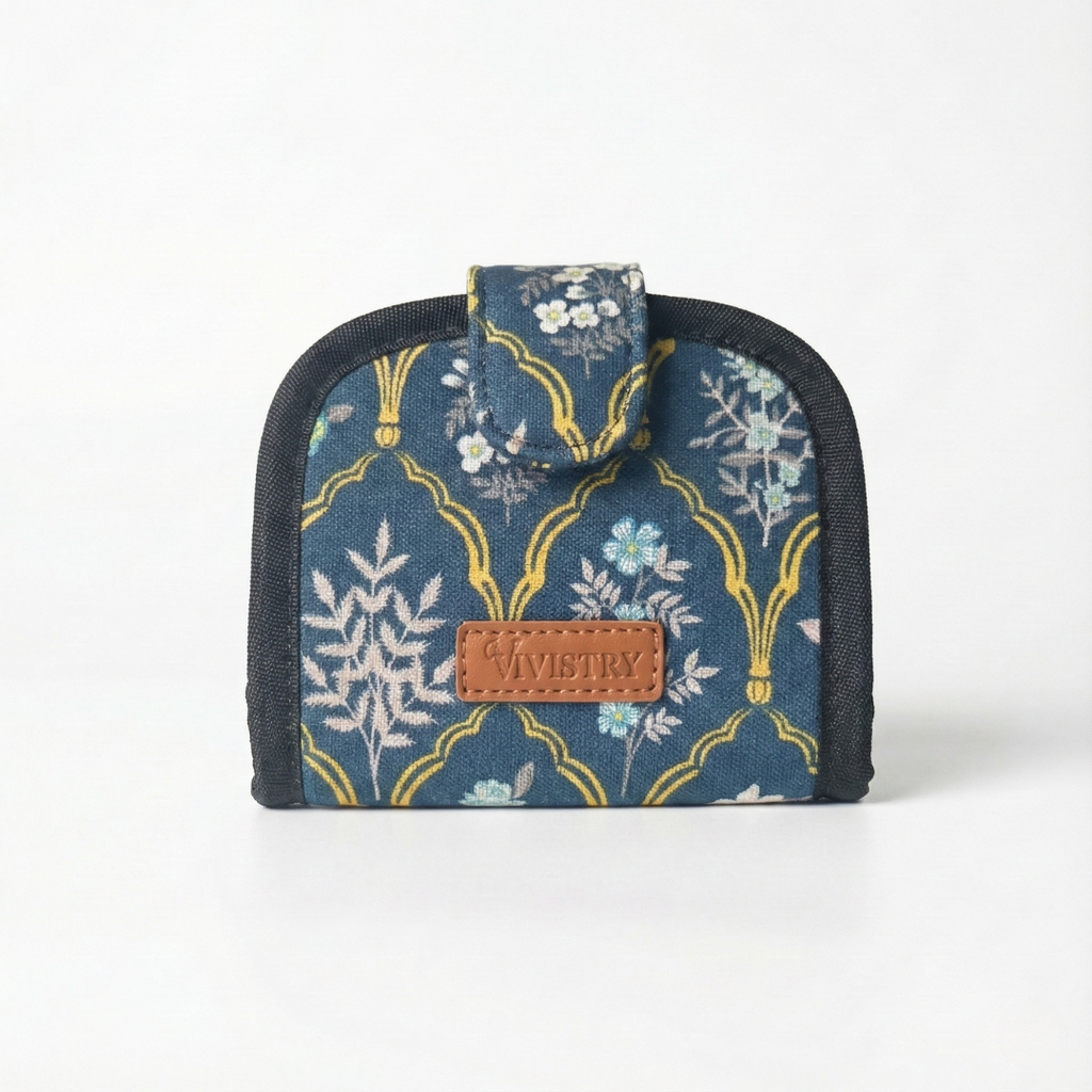 Women Handmade Canvas Compact Foldable Wallet - Blue Trellis