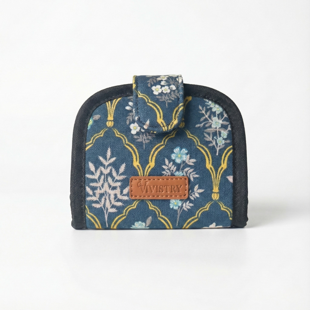 Women Handmade Canvas Compact Foldable Wallet - Blue Trellis
