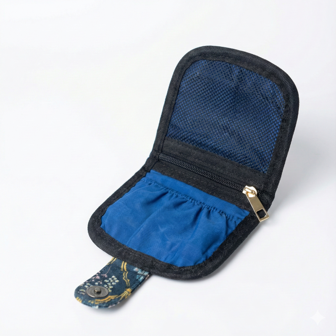 Women Handmade Canvas Compact Foldable Wallet - Blue Trellis