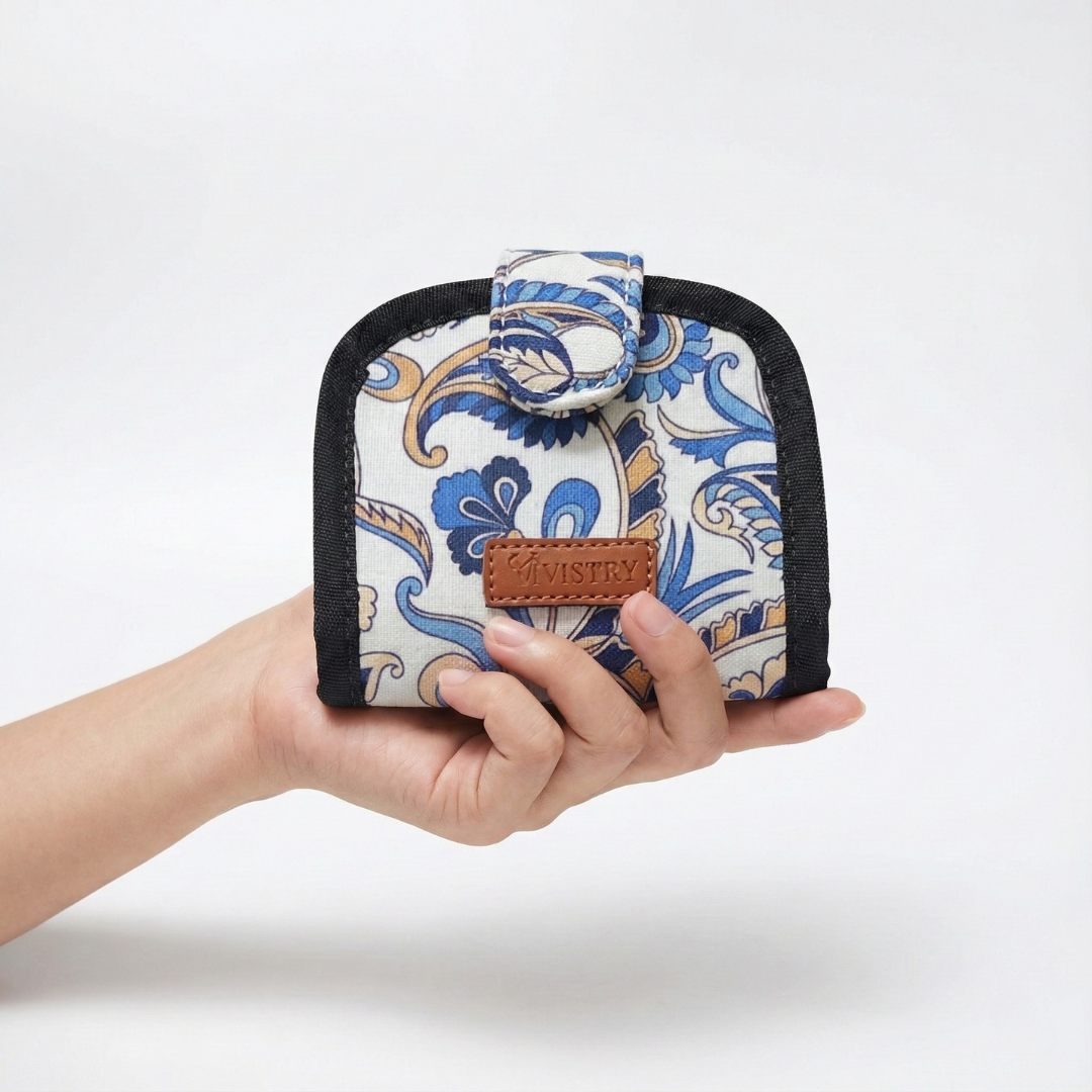 Women Handmade Canvas Compact Foldable Wallet - Blue Vista