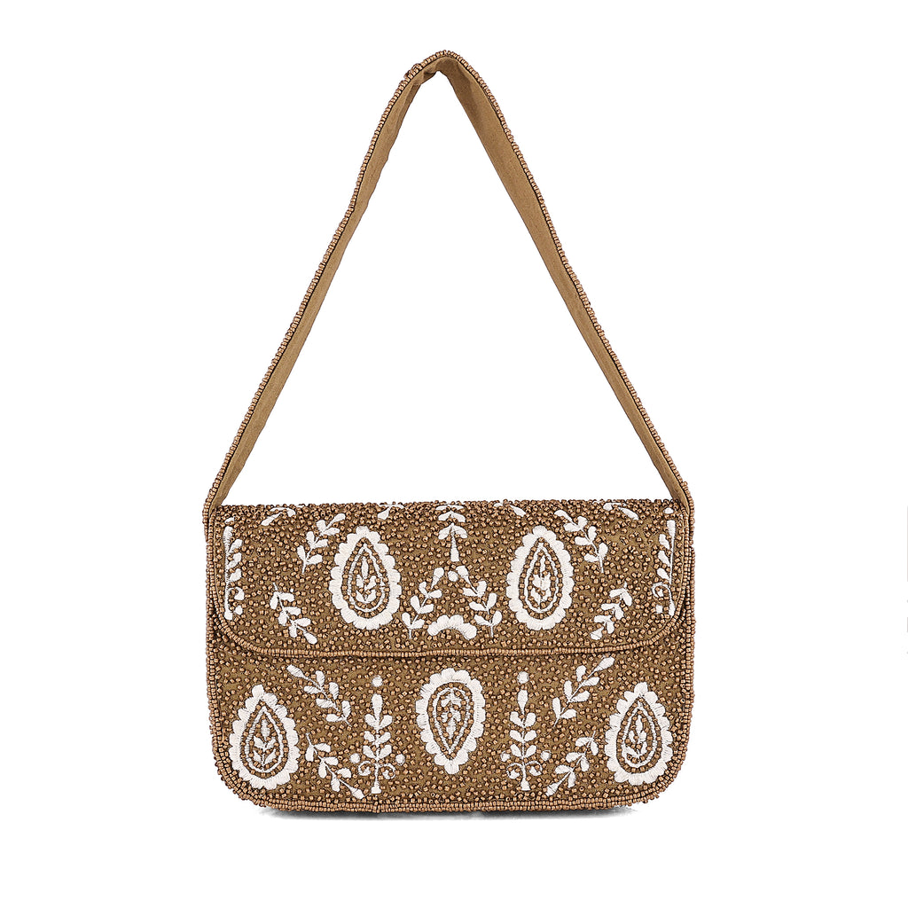 Caramel Paisley Beaded Shoulder Bag