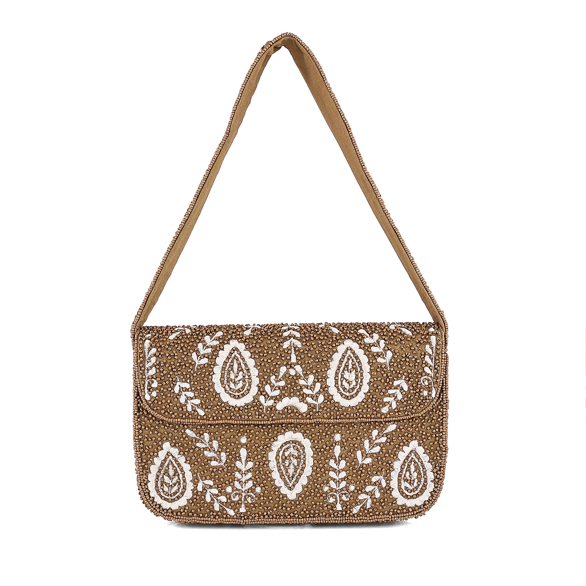 Caramel Paisley Beaded Shoulder Bag