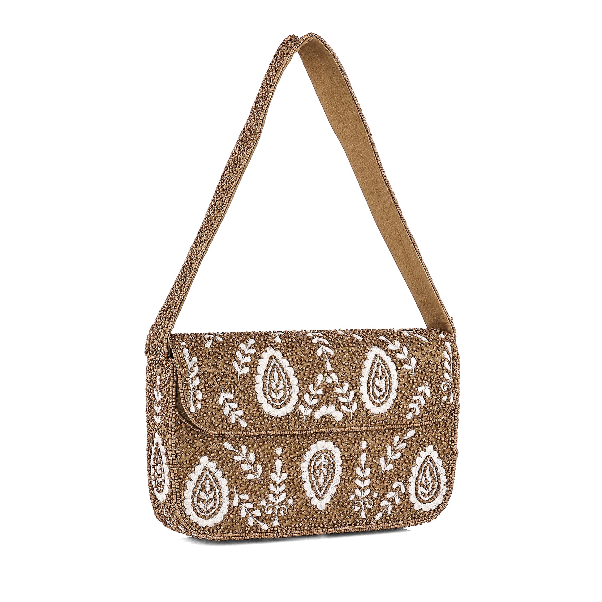 Caramel Paisley Beaded Shoulder Bag