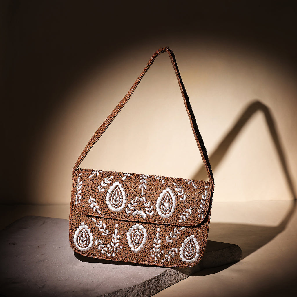 Caramel Paisley Beaded Shoulder Bag
