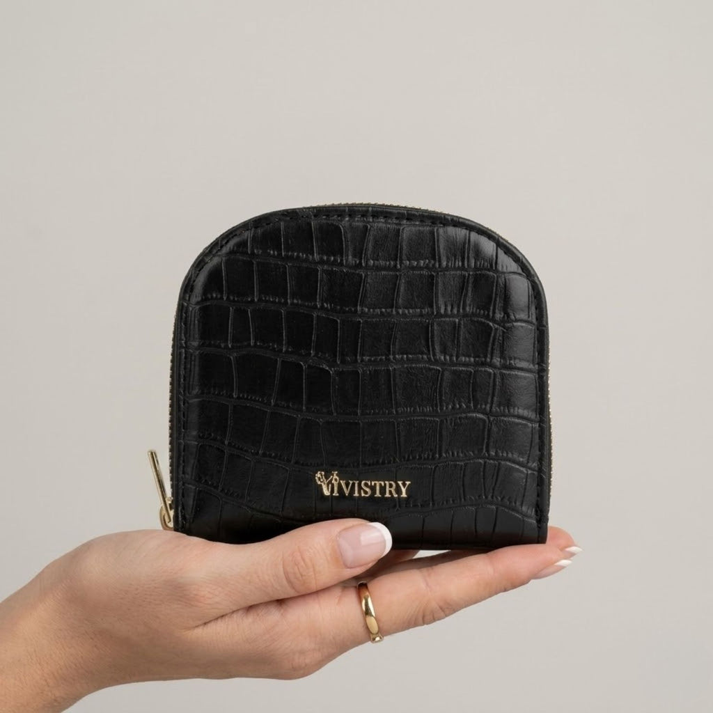 Compact Croco Zip Around Wallet – Noir