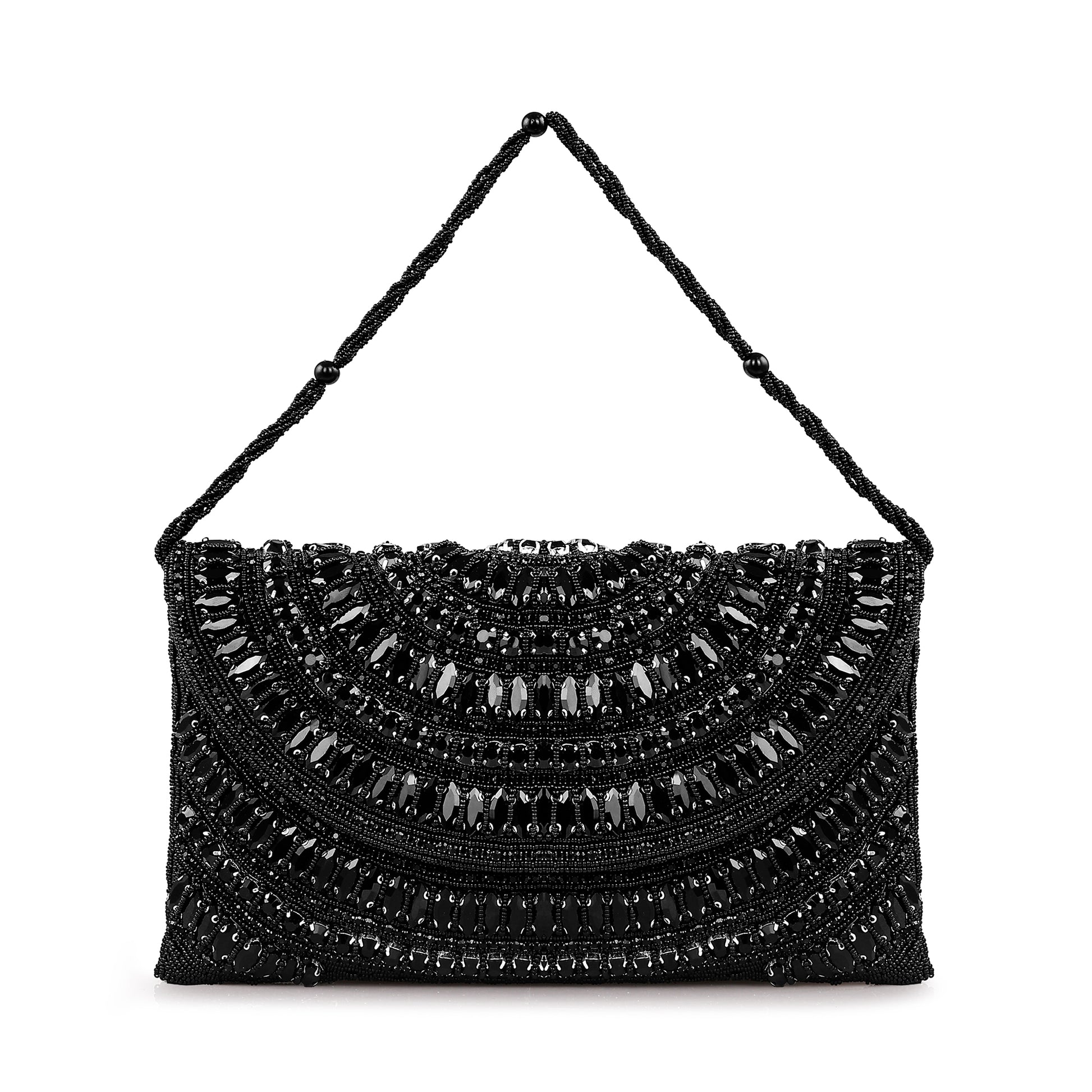 Ebony Arc Crystal Beaded Clutch Bag