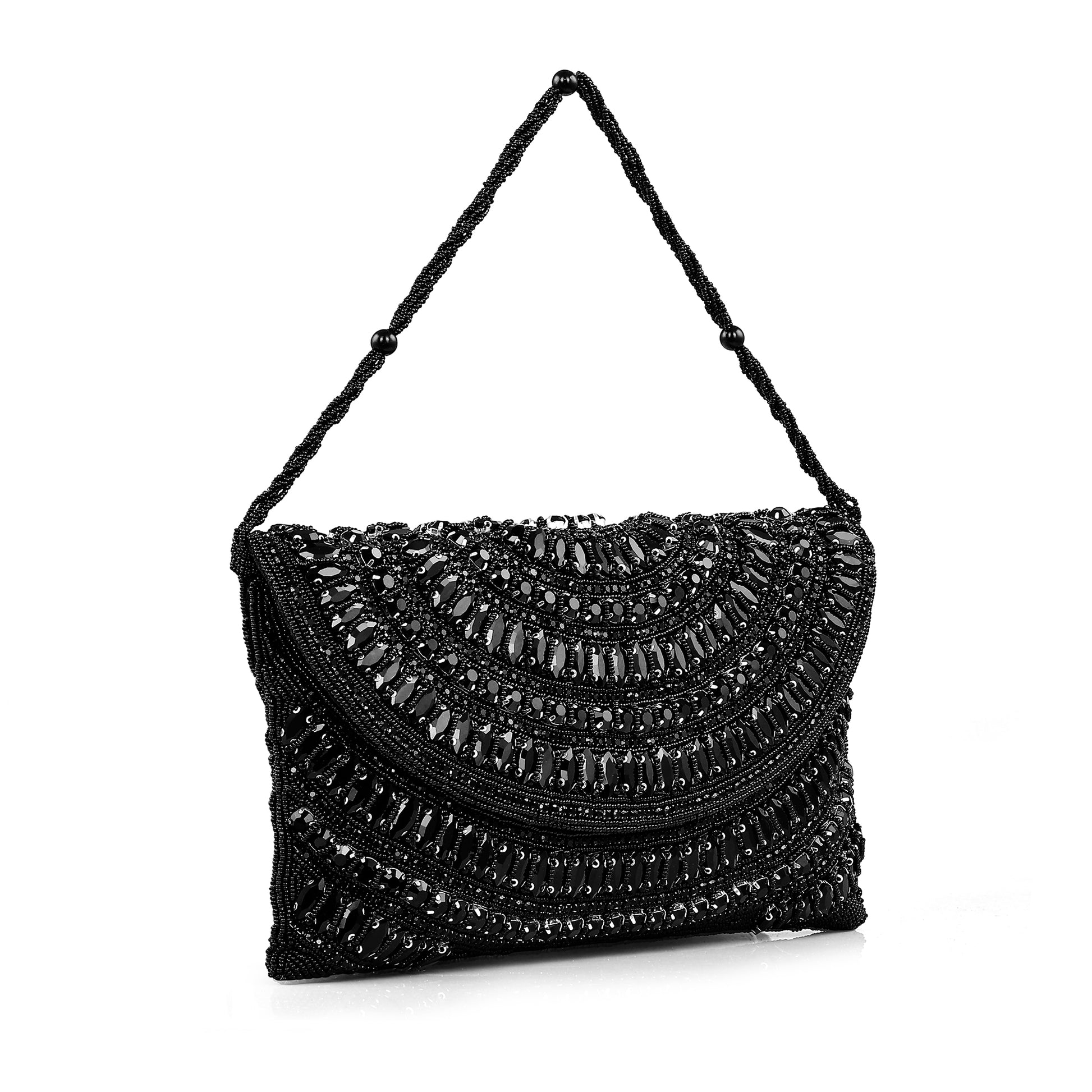 Ebony Arc Crystal Beaded Clutch Bag