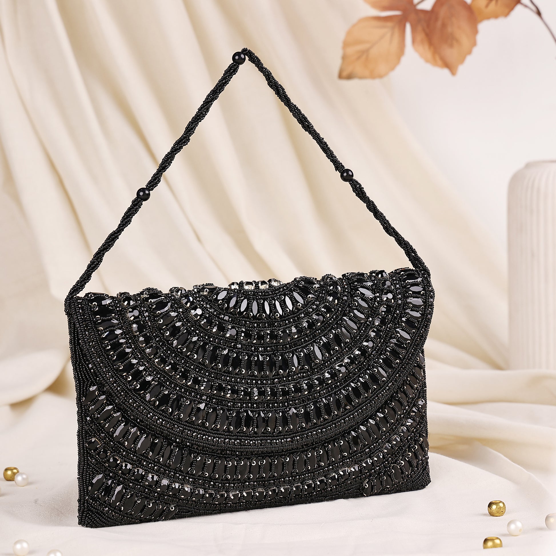 Ebony Arc Crystal Beaded Clutch Bag