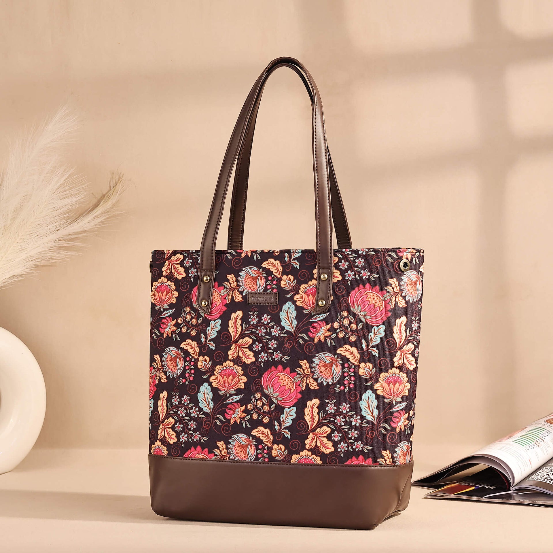 Noir Botanica City Tote Bag Black Floral Canvas with Vegan