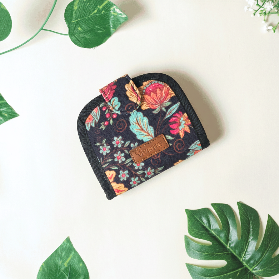 Women Handmade Canvas Compact Foldable Wallet - Noir Botanica