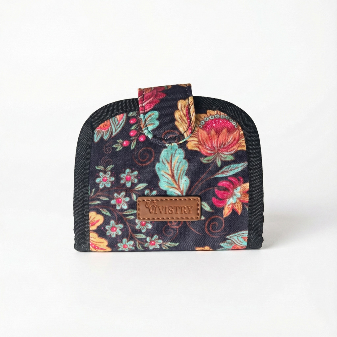 Women Handmade Canvas Compact Foldable Wallet - Noir Botanica