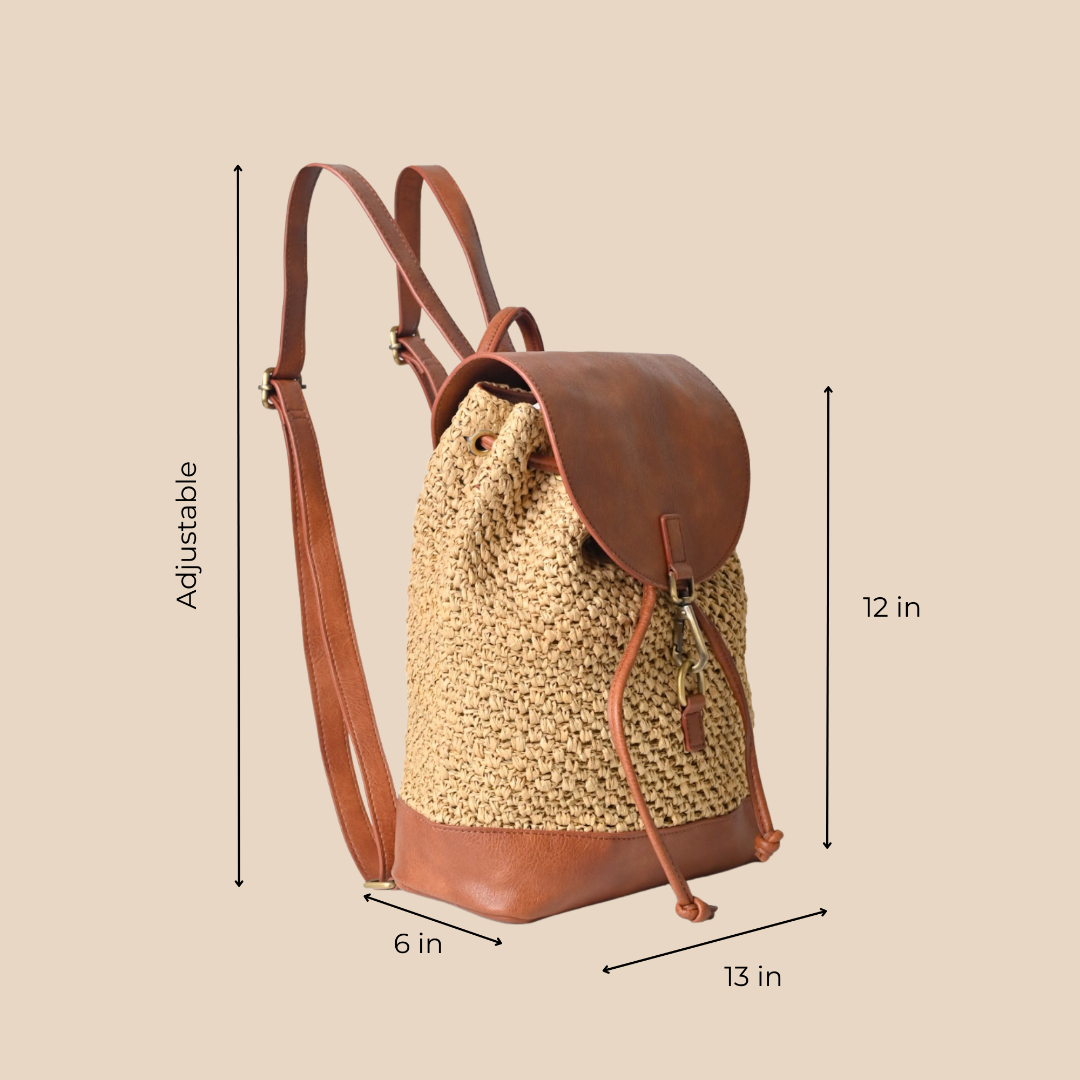 boho leather backpack Women Handcrafted Raffia Backpack with Vegan Leather Accents