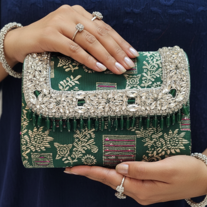 Crystal beaded clutch bag-green - Vivistry