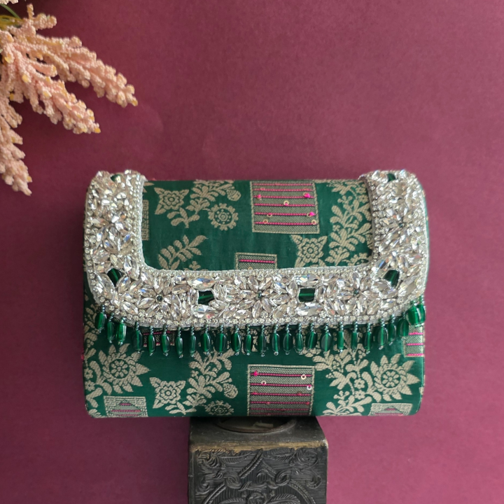 Crystal beaded clutch bag-green - Vivistry